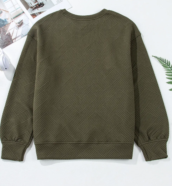 Madisyn Jungle Green Textured Round Neck Drop Shoulder Pullover Sweatshirt