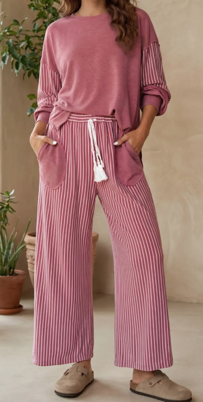 Taylar Pink Raw Seam Patchwork Long Sleeve Top Pocket Casual Pants 2pcs Set