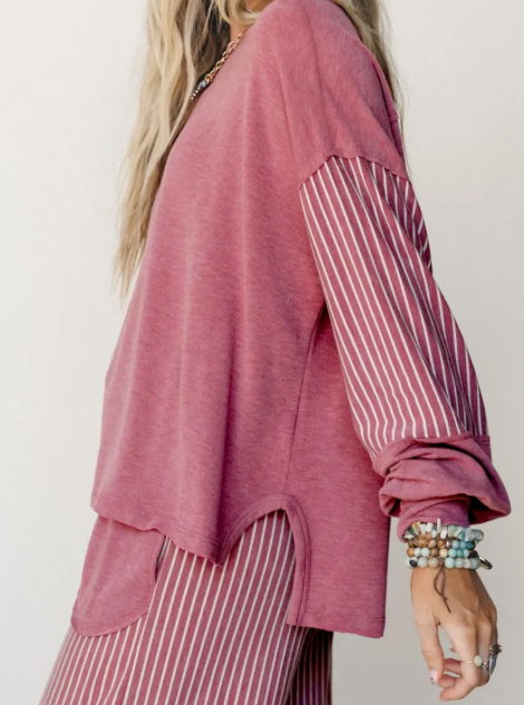 Taylar Pink Raw Seam Patchwork Long Sleeve Top Pocket Casual Pants 2pcs Set