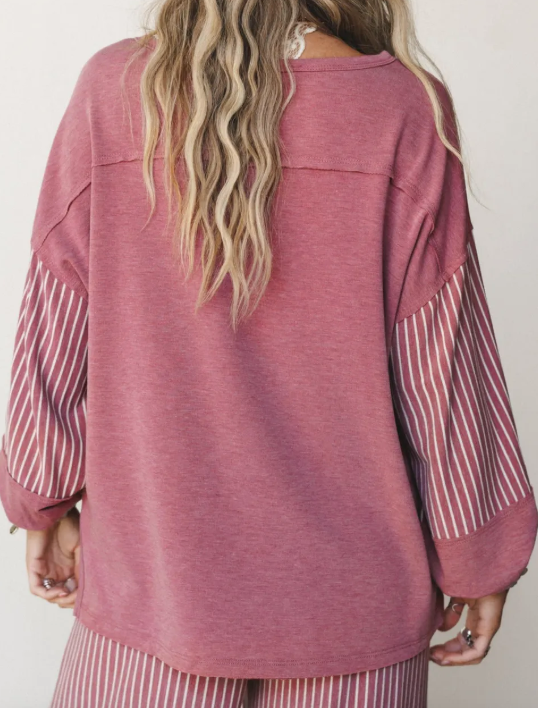Taylar Pink Raw Seam Patchwork Long Sleeve Top Pocket Casual Pants 2pcs Set
