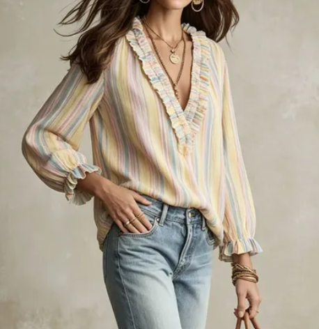 Jaleah Pastel Ruffle Stripe Blouse