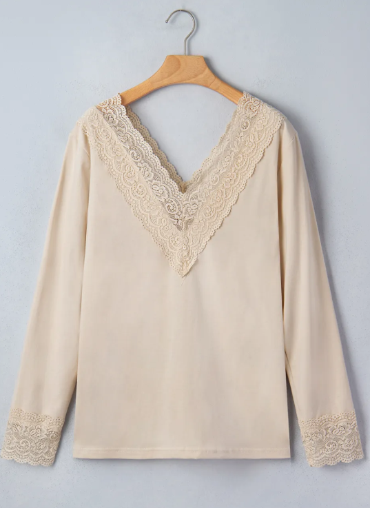 Ashie Lace Trim V Neck Long Sleeve Patchwork Pullover Top