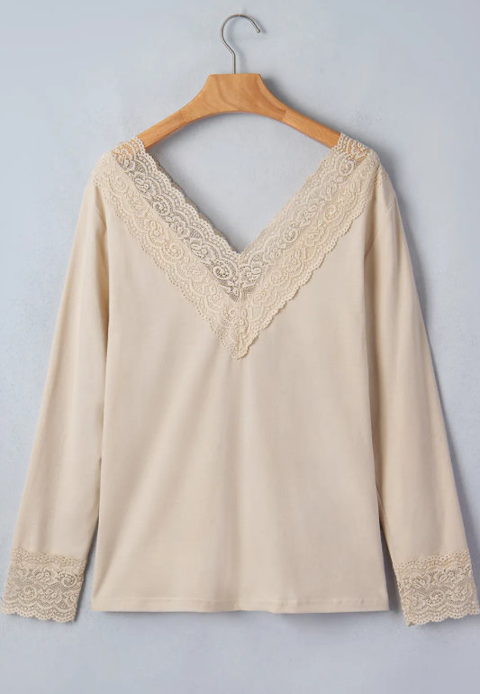 Ashie Lace Trim V Neck Long Sleeve Patchwork Pullover Top