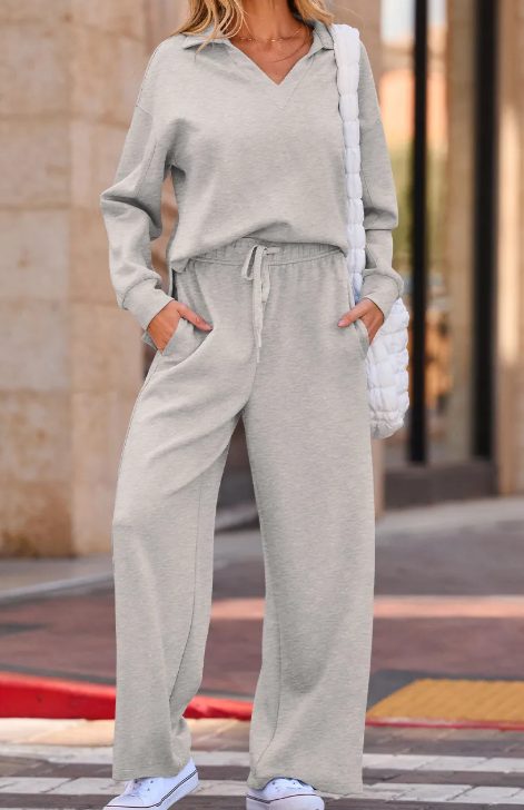 Marissa Grey V Neck Top and High Waist Pants Set