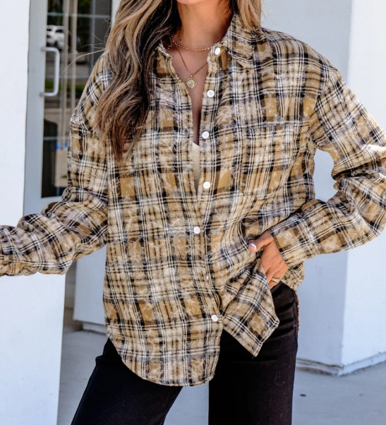 Prinny Brown Retro Plaid Long Sleeve Button Down Shirt