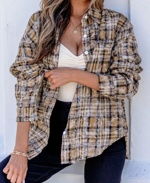 Prinny Brown Retro Plaid Long Sleeve Button Down Shirt