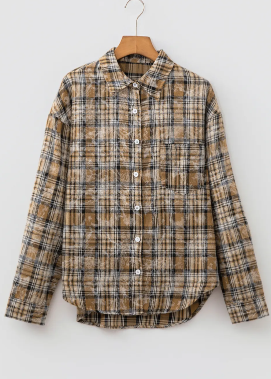 Prinny Brown Retro Plaid Long Sleeve Button Down Shirt