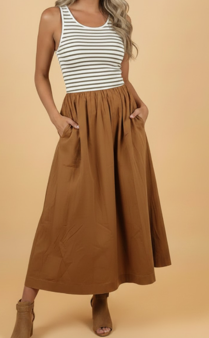 Vee Chestnut Striped Colorblock Patchwork Sleeveless Casual Long Dress