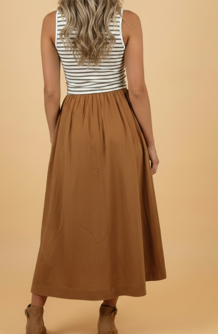 Vee Chestnut Striped Colorblock Patchwork Sleeveless Casual Long Dress