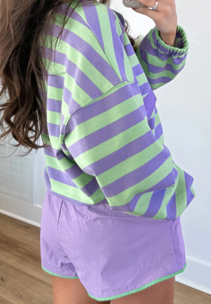 Kenya Purple Stripe Half Button Long Sleeve Top Mix and Match Shorts 2pcs Set