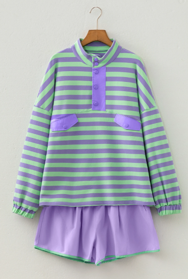 Kenya Purple Stripe Half Button Long Sleeve Top Mix and Match Shorts 2pcs Set