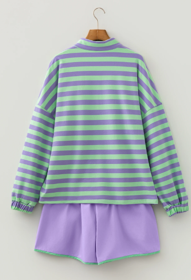 Kenya Purple Stripe Half Button Long Sleeve Top Mix and Match Shorts 2pcs Set