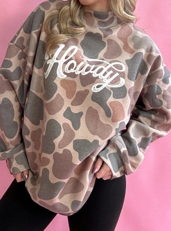 Camo Print Howdy Western Style Baggy Pullover Sweatshirt