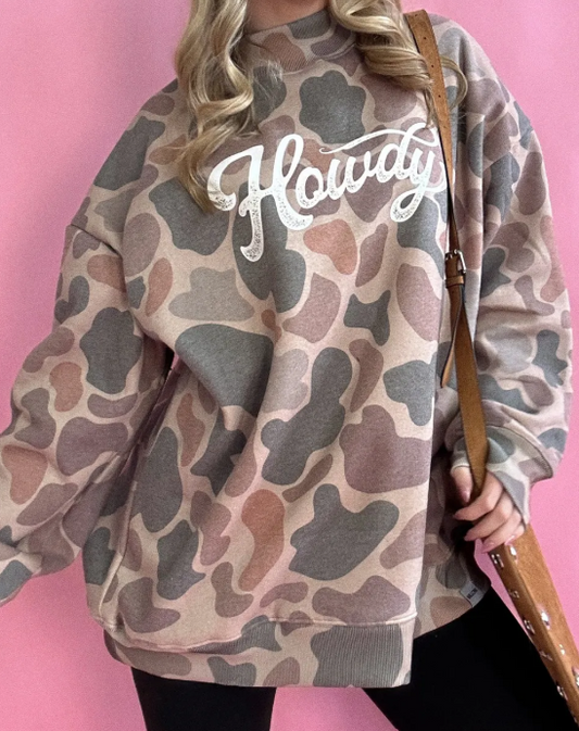 Camo Print Howdy Western Style Baggy Pullover Sweatshirt