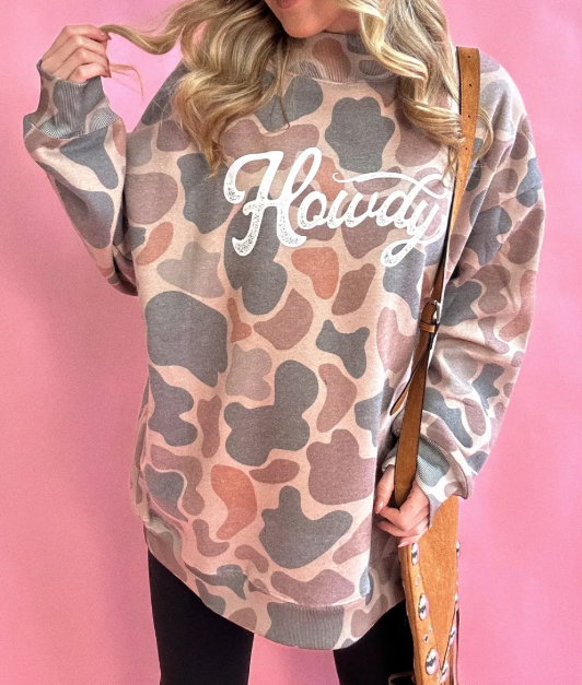 Camo Print Howdy Western Style Baggy Pullover Sweatshirt