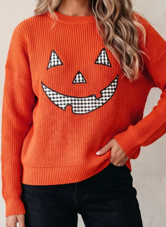 Orange Drop Shoulder Long Sleeve Round Neck Halloween Sweater