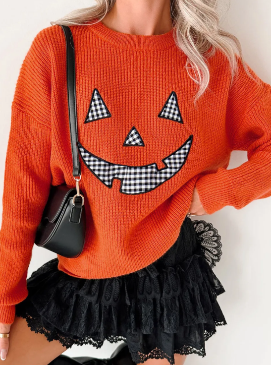 Orange Drop Shoulder Long Sleeve Round Neck Halloween Sweater