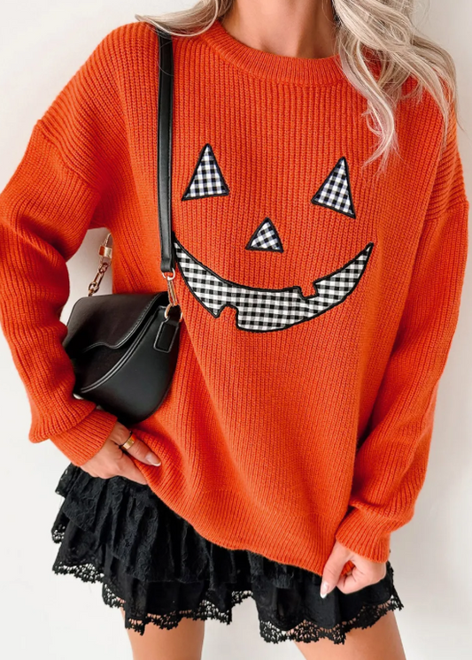 Orange Drop Shoulder Long Sleeve Round Neck Halloween Sweater
