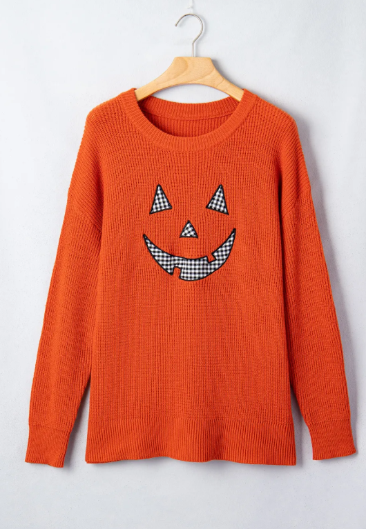 Orange Drop Shoulder Long Sleeve Round Neck Halloween Sweater