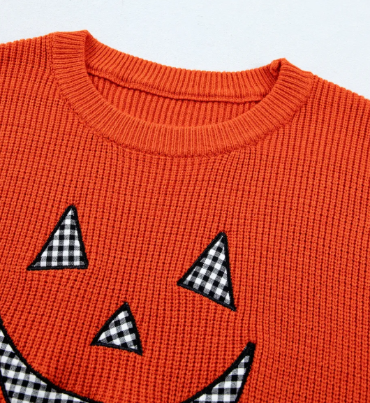 Orange Drop Shoulder Long Sleeve Round Neck Halloween Sweater