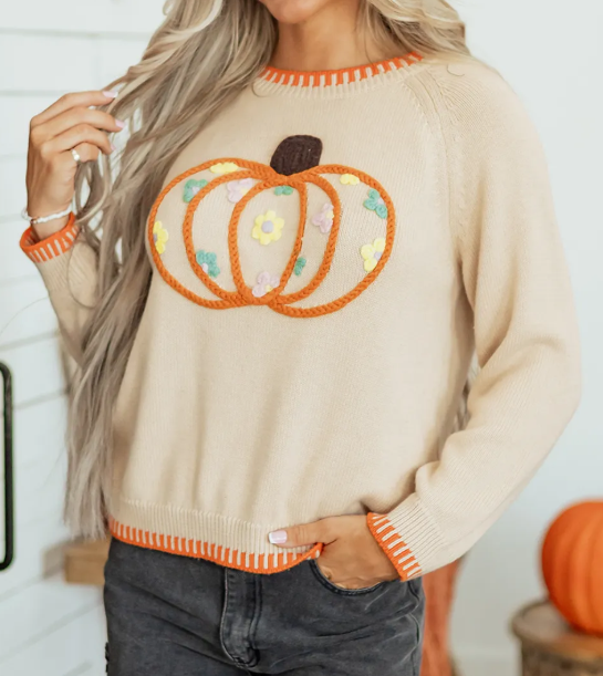 Floral Embroidery Pumpkin Long Sleeve Round Neck Sweater