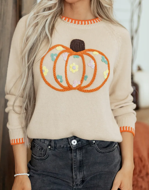 Floral Embroidery Pumpkin Long Sleeve Round Neck Sweater