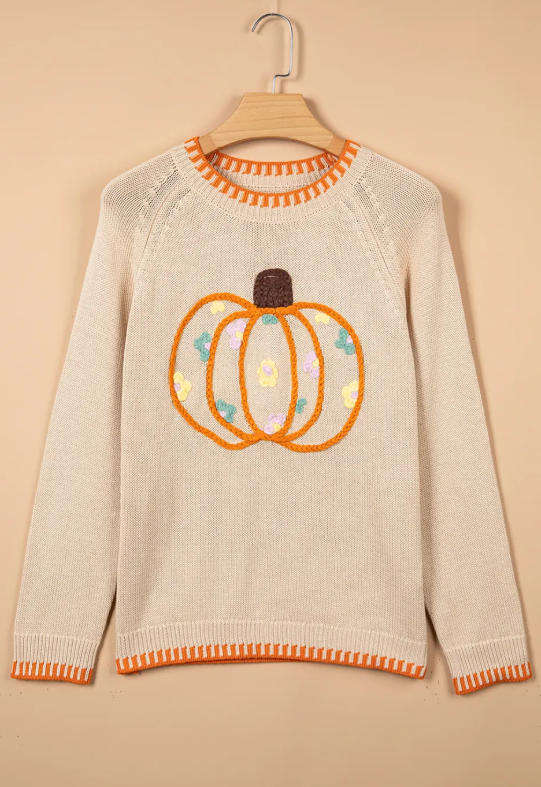 Floral Embroidery Pumpkin Long Sleeve Round Neck Sweater