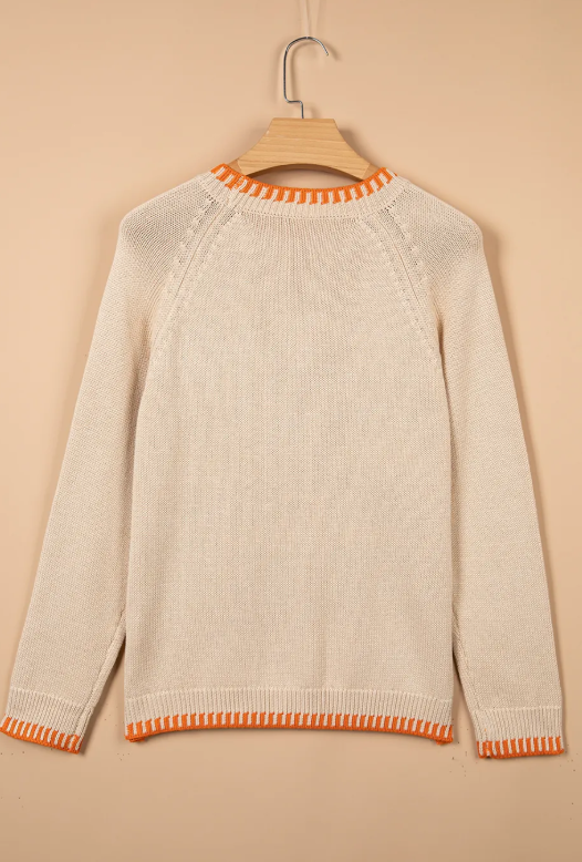 Floral Embroidery Pumpkin Long Sleeve Round Neck Sweater