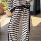 Parisse Black Stripe Relaxed Long Sleeve Top Color Block Detail Drawstring Pant Set