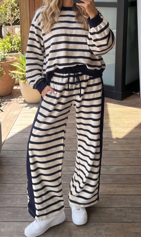 Parisse Black Stripe Relaxed Long Sleeve Top Color Block Detail Drawstring Pant Set