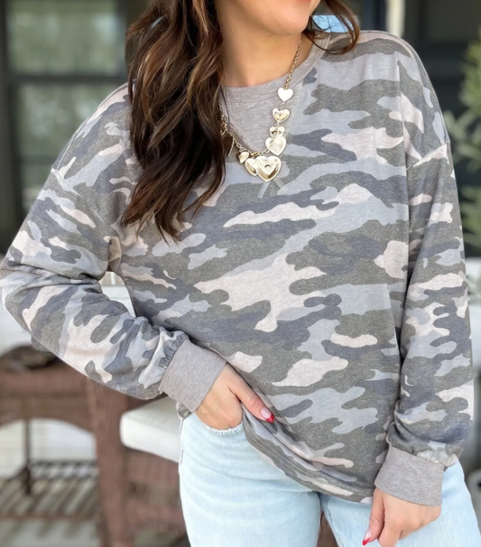 Idris Camouflage Long Sleeve Round Neck Shift Pullover Top