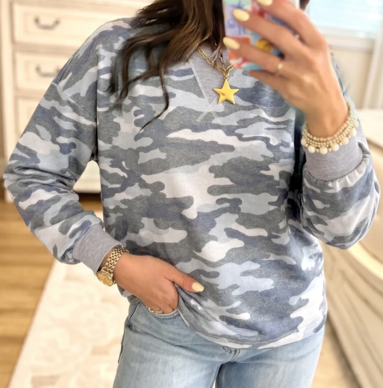 Idris Camouflage Long Sleeve Round Neck Shift Pullover Top