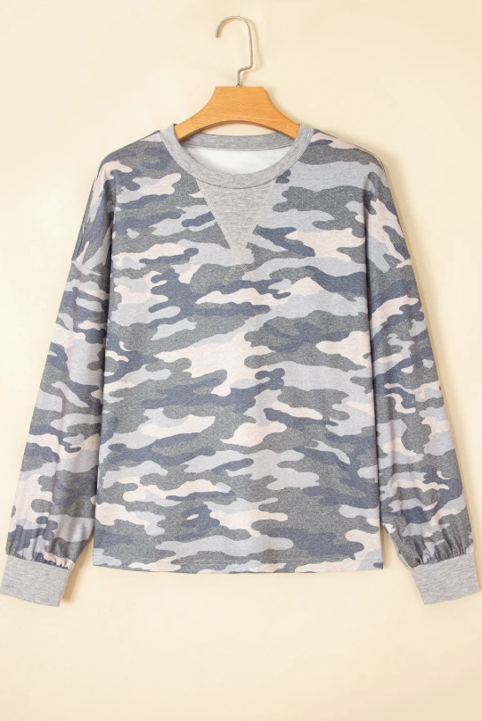 Idris Camouflage Long Sleeve Round Neck Shift Pullover Top