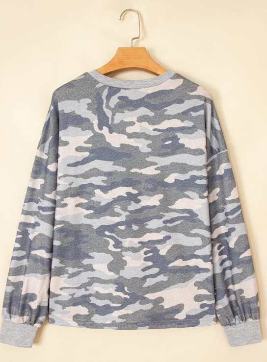 Idris Camouflage Long Sleeve Round Neck Shift Pullover Top
