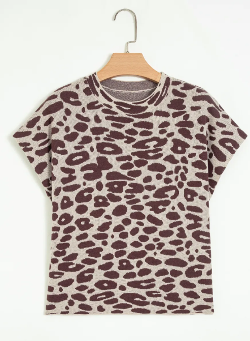 Conny Leopard Print Short Sleeve Knit Loose Pullover Sweater