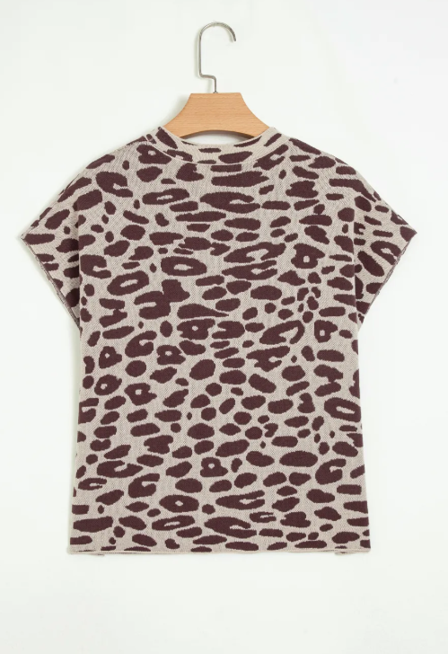 Conny Leopard Print Short Sleeve Knit Loose Pullover Sweater