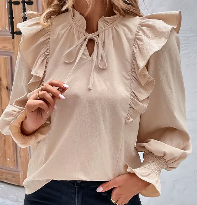 Renni Beige Ruffled Tie‑Neck Blouse