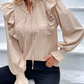 Renni Beige Ruffled Tie‑Neck Blouse