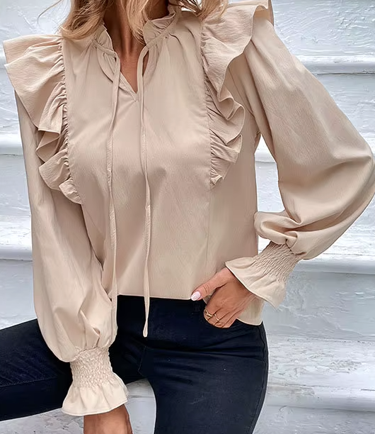 Renni Beige Ruffled Tie‑Neck Blouse