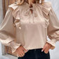 Renni Beige Ruffled Tie‑Neck Blouse