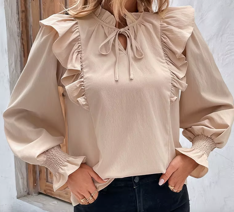 Renni Beige Ruffled Tie‑Neck Blouse