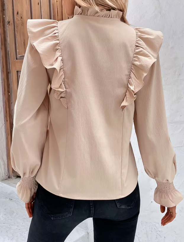 Renni Beige Ruffled Tie‑Neck Blouse