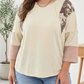 Mabelyn Camouflage Panel Twist Rib Sleeve Round Neck Loose Fit Plus Size Blouse
