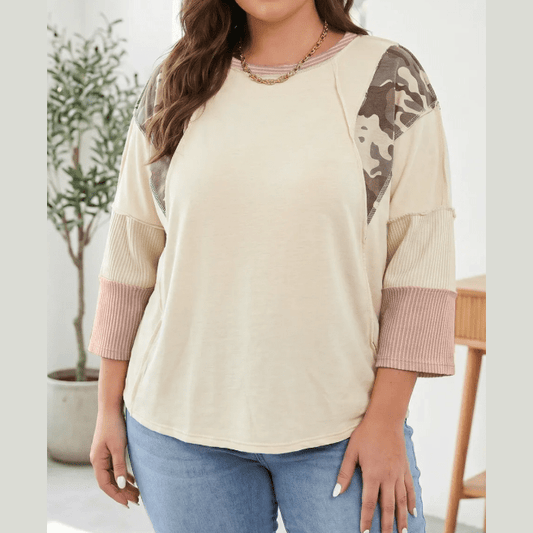 Mabelyn Camouflage Panel Twist Rib Sleeve Round Neck Loose Fit Plus Size Blouse