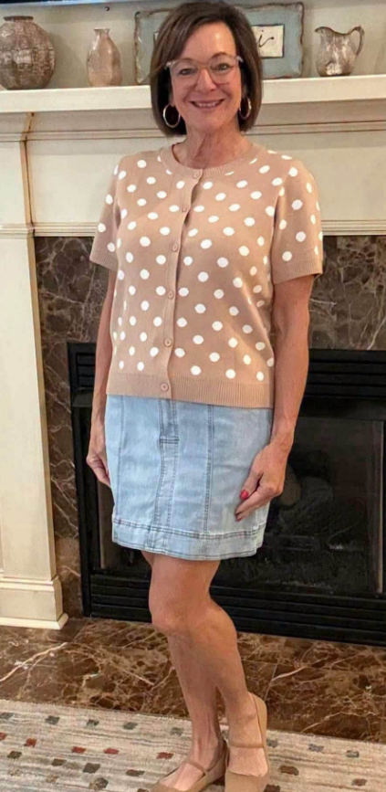 Keesha Dark Khaki Polka Dot Short Sleeve Button Down Sweater Cardigan