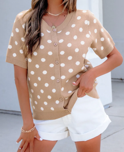 Keesha Dark Khaki Polka Dot Short Sleeve Button Down Sweater Cardigan