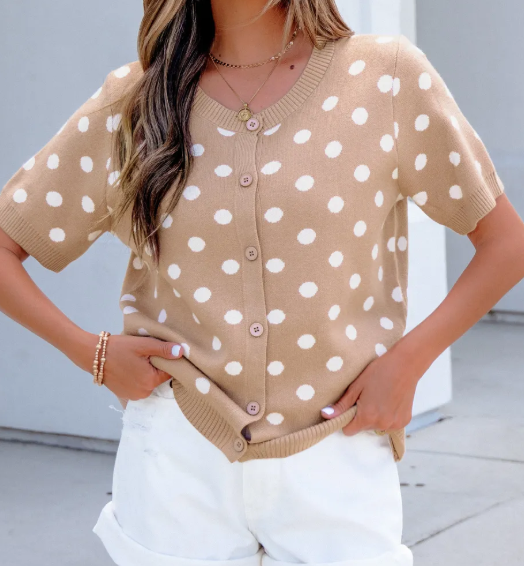 Keesha Dark Khaki Polka Dot Short Sleeve Button Down Sweater Cardigan
