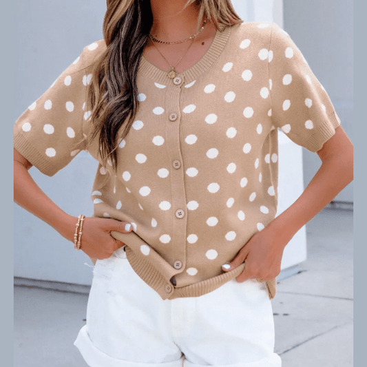 Keesha Dark Khaki Polka Dot Short Sleeve Button Down Sweater Cardigan