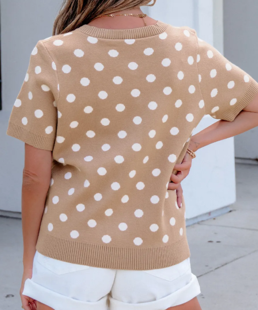 Keesha Dark Khaki Polka Dot Short Sleeve Button Down Sweater Cardigan