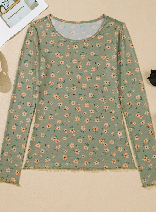 Alyce Laurel Green Vintage Floral Print Southern Style Mesh Long Sleeve Top